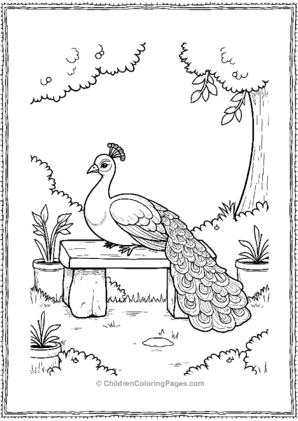 A Peacock Resting On A Stone Bench In A Garden Free PDF Printable