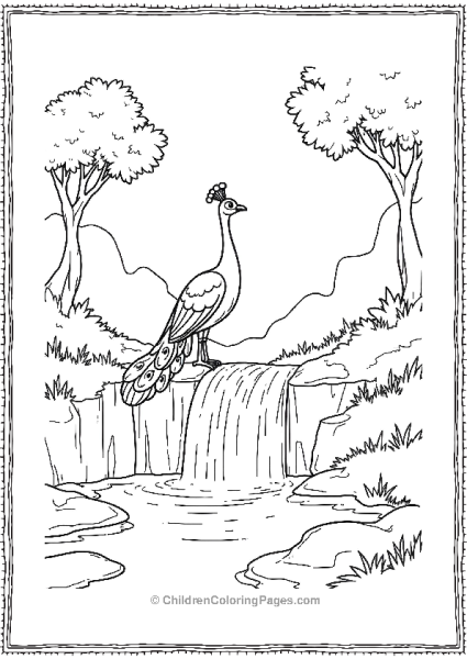 A Peacock Standing At The Edge Of A Waterfall Free PDF Printable