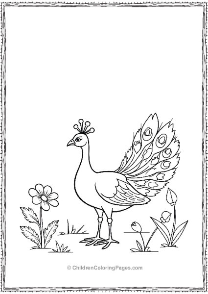 A Peacock Standing In A Simple Garden With A Single Flower Free PDF Printable