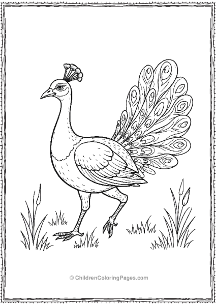 A Peacock Strutting Through A Meadow Tail Feathers Free PDF Printable