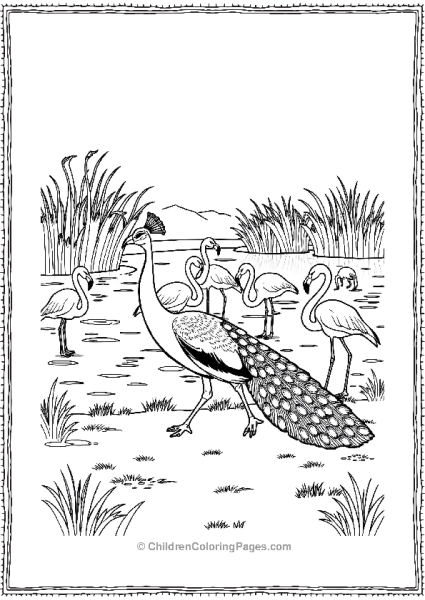 A Peacock Walking Near A Group Of Flamingos Free PDF Printable