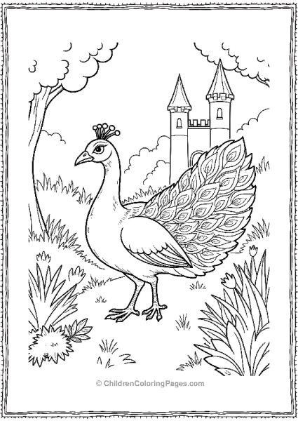 A Peacock Walking Through A Fantasy Castle Garden Free PDF Printable