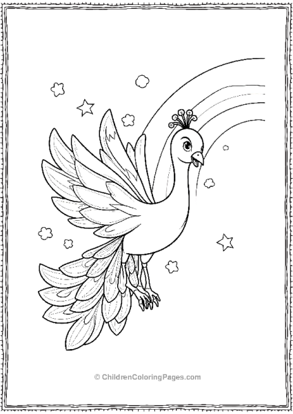 A Playful Cartoon Peacock With Oversized Wings Flying Free PDF Printable