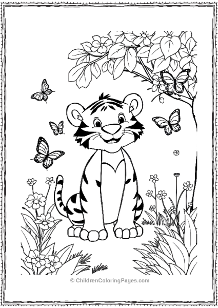 A Playful Cartoon Tiger Chasing Butterflies Free PDF Printable