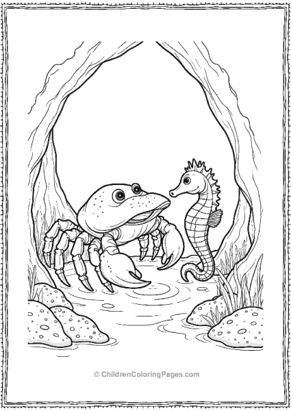 A Realistic Crab Interacting With A Small Seahorse  Free PDF Printable