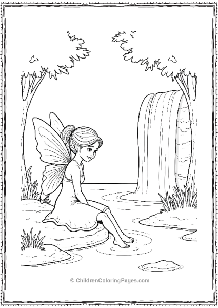 A Realistic Fairy Sitting By A Waterfall With A Tree Free PDF Printable