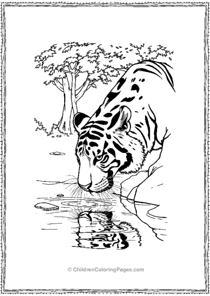 A Realistic Tiger Drinking From A Calm River Trees Free PDF Printable