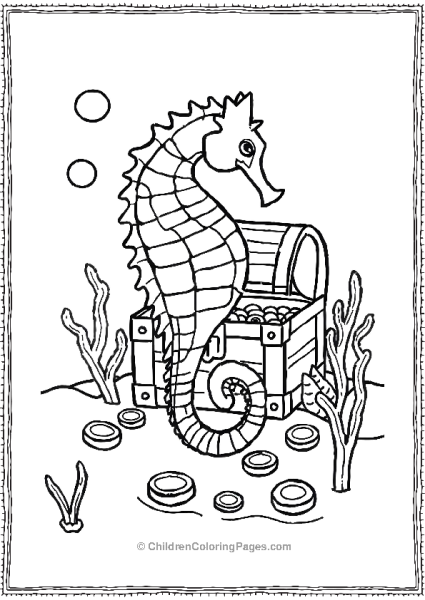 A Seahorse Curled Around A Submerged Treasure Chest Free PDF Printable