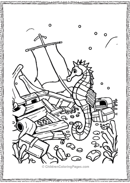 A Seahorse Exploring The Remains Of An Ancient Ship Free PDF Printable