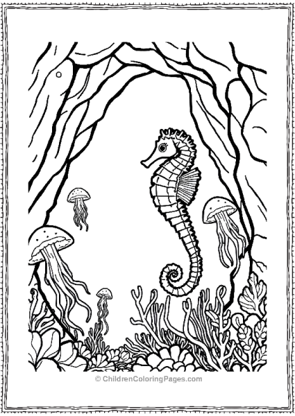 A Seahorse Floating Near An Underwater Cave Free PDF Printable