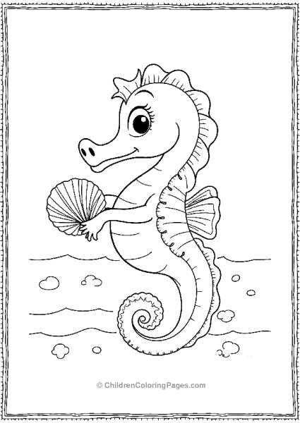 A Seahorse Holding A Seashell With A Simple Wavy Ocean Free PDF Printable