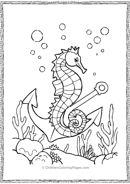 A Seahorse Wrapped Around A Sunken Anchor With Bubbles Free PDF Printable