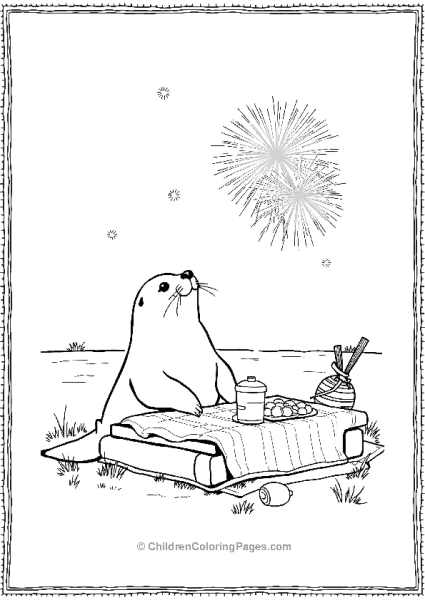 A Seal Enjoying A Picnic With Fireworks In The Sky Free PDF Printable