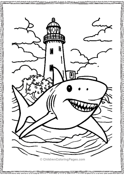 A Shark In Front Of A Detailed Lighthouse And Wave Free PDF Printable