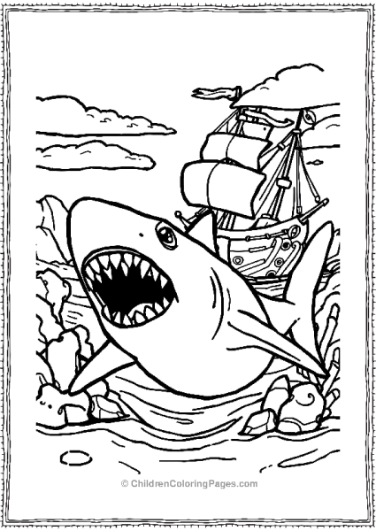 A Slightly More Detailed Shark With A Pirate Ship Free PDF Printable