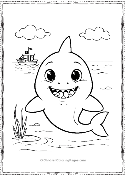 A Smiling Shark With Big Eyes And A Small Boat In The Ocean Free PDF Printable