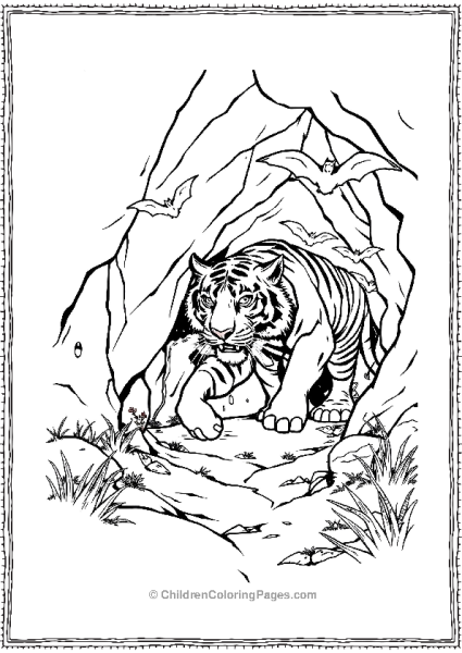 A Tiger Exploring A Cave With Bats Flying  Free PDF Printable