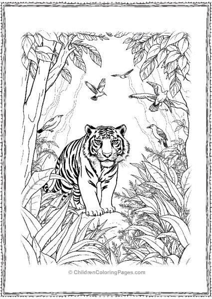 A Tiger Exploring A Dense Jungle With Birds Free PDF Printable