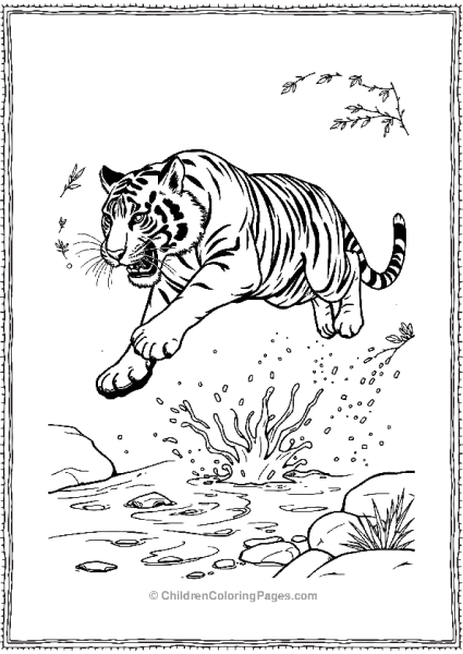 A Tiger Leaping Over A Stream With Splashing Water Free PDF Printable