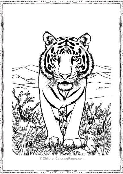 A Tiger On A Safari With Minimalistic Distant Hill Free PDF Printable