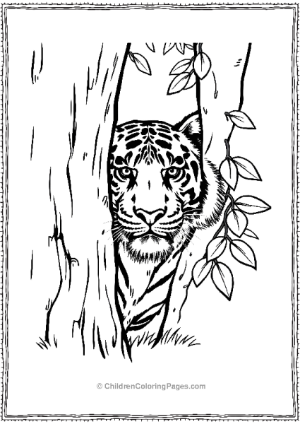 A Tiger Peeking From Behind A Tree Free PDF Printable