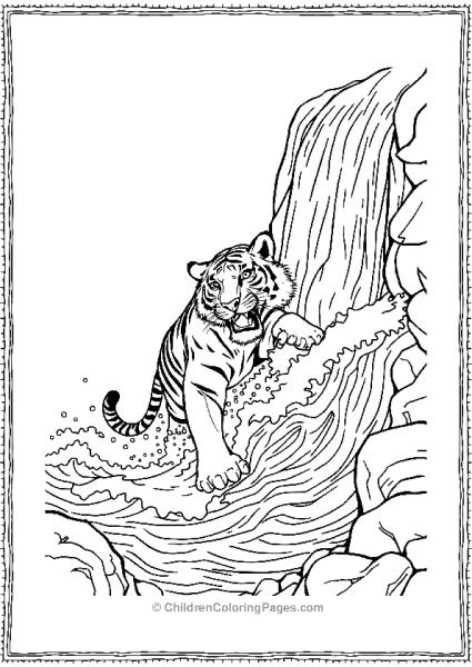 A Tiger Playing In A Waterfall With Detailed Waves Free PDF Printable