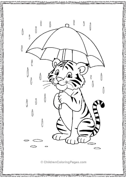 A Tiger Playing In The Rain With An Umbrella Free PDF Printable