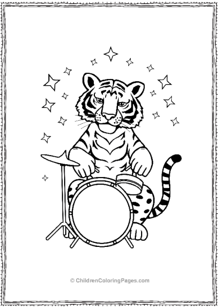 A Tiger Playing The Drums With Stars Around Free PDF Printable