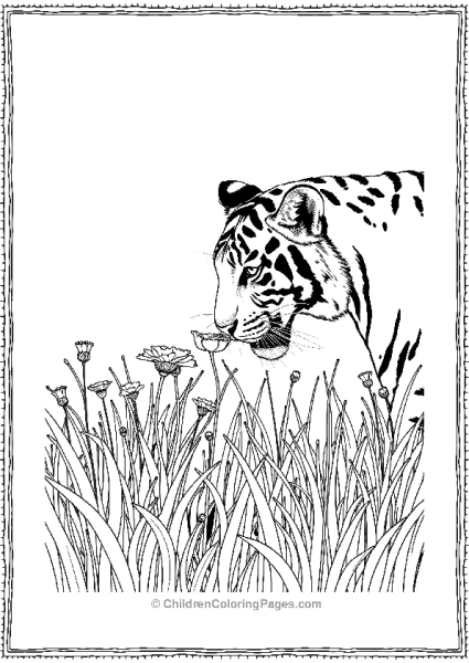 A Tiger Sniffing Flowers In A Field Free PDF Printable