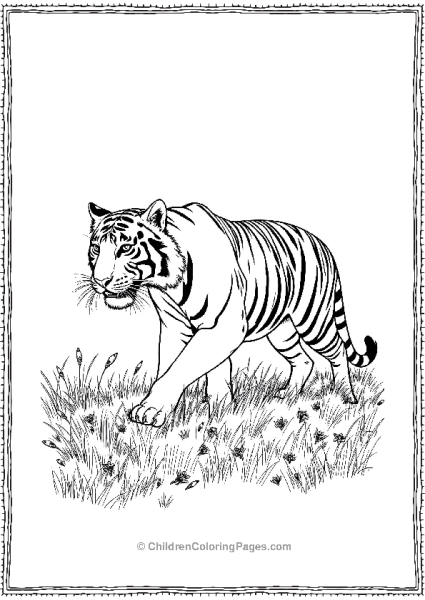 A Tiger Stalking Through A Meadow Clear Sky Behind Free PDF Printable