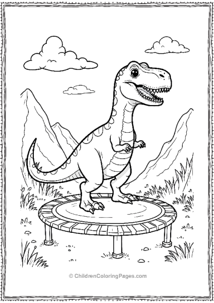 A Velociraptor Playing On A Trampoline With Other Dinosaurs Free PDF Printable