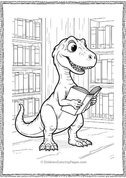 A Velociraptor Reading A Book In A Library With Books Free PDF Printable