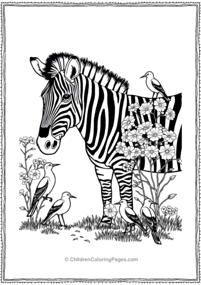 A-Zebra-Playing-With-A-Group-Of-Birds-Near-A-Bush- Free PDF Printable