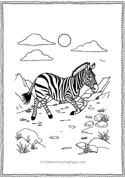 A-Zebra-Running-Along-A-Rocky-Path-With-Clouds Free PDF Printable