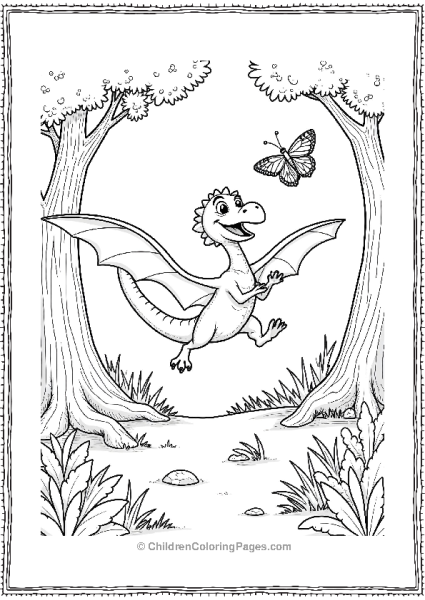 A Cartoon Pterodactyl Chasing A Butterfly  Free PDF Printable