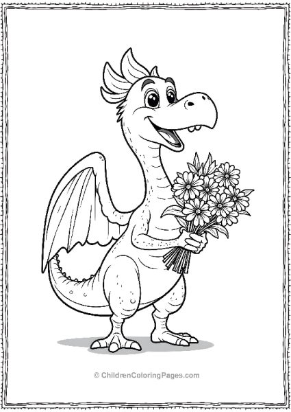 A Cartoon Pterodactyl Holding A Bouquet Of Flowers Free PDF Printable