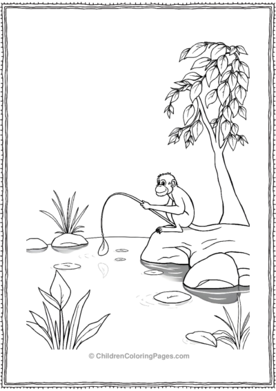 A-monkey-fishing-in-a-pond Free PDF Printable