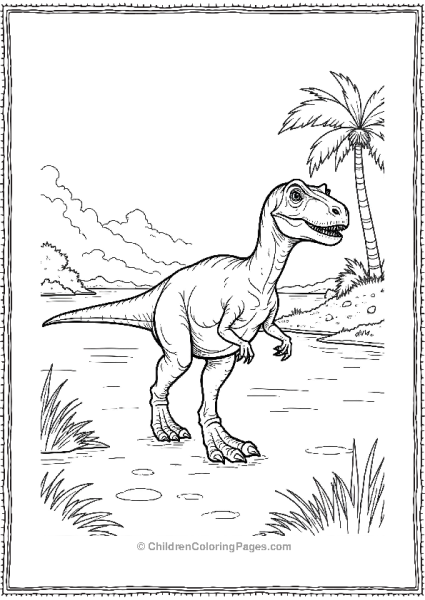 A Velociraptor Walking Near A River Free PDF Printable