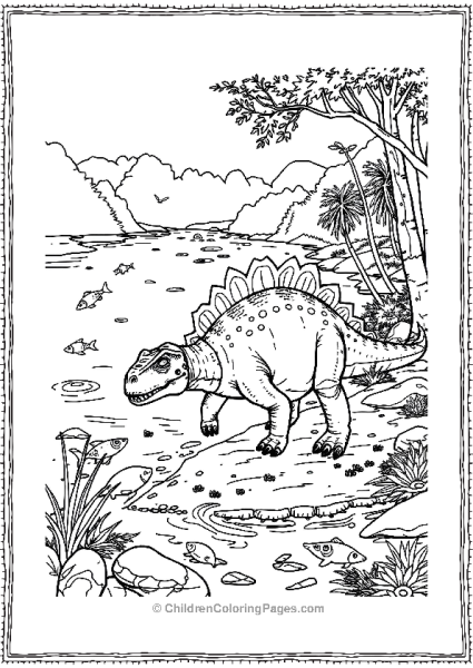 An Ankylosaurus Walking By A River With Fish Jumping Free PDF Printable