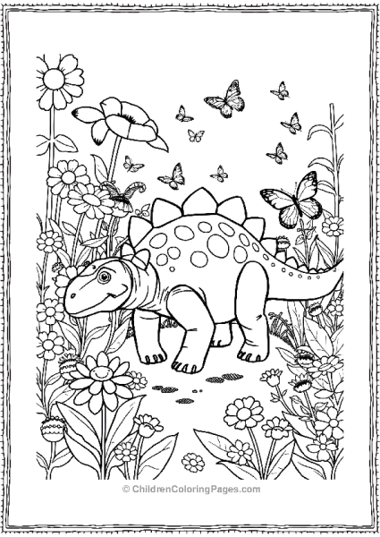 An Ankylosaurus Walking Through A Garden Filled With Flowers Free PDF Printable