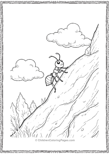 An Ant Climbing A Rocky Hill With Clouds Above Free PDF Printable