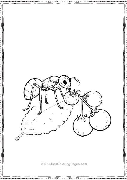 An Ant Eating From A Berry Realistic Line Art Free PDF Printable