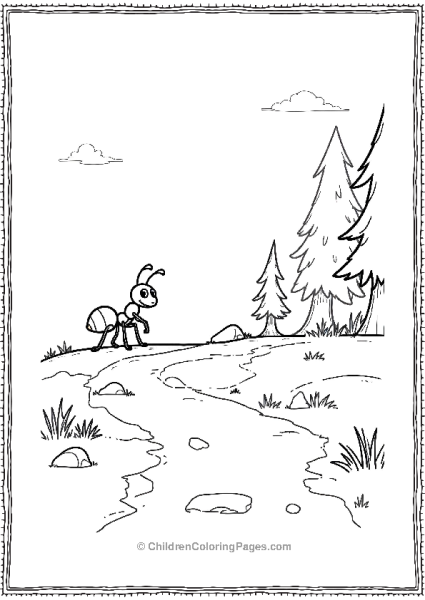 An Ant Hiking Up A Dirt Path With Outlined Trees Free PDF Printable