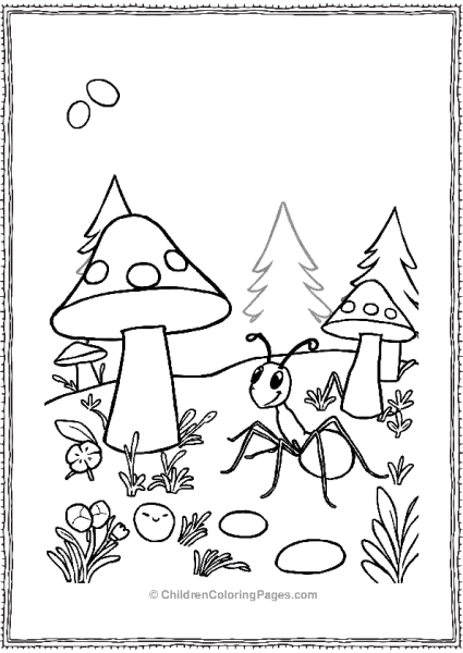 An Ant In A Small Forest With Mushroom Caps And Silhouettes Free PDF Printable