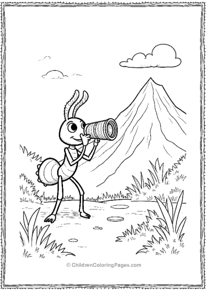 An Ant Looking Through Binoculars At A Mountain Free PDF Printable