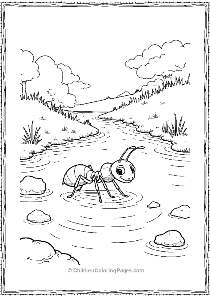 An Ant Near A Small Stream With Rocks And Water Ripples Free PDF Printable