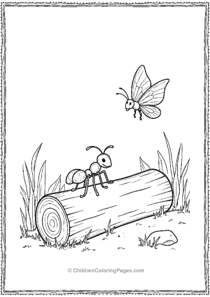 An Ant On A Log With A Butterfly Flying Nearby Free PDF Printable