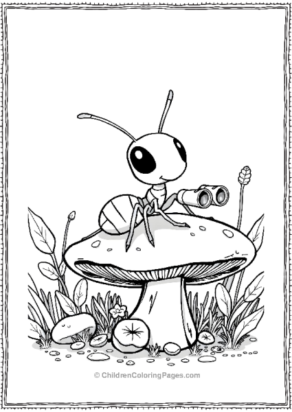 An Ant Resting On A Mushroom With Mini Binoculars Free PDF Printable