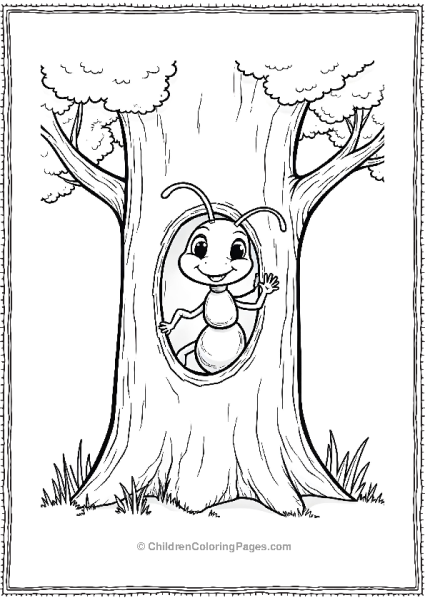 An Ant Waving From Inside A Hollow Tree Cartoon Free PDF Printable