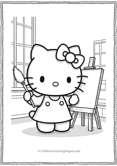 An-Outline-Of-Hello-Kitty-Holding-A-Simplified-Brush Free PDF Printable